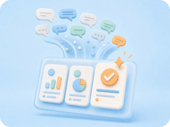 Bulles de commentaires se transformant en cartes d'insights et graphiques.