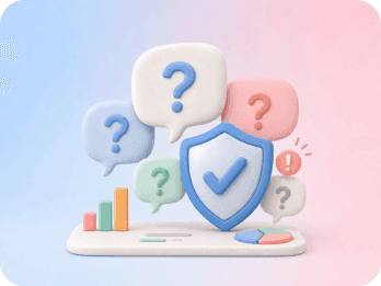 Bulles de questions et un bouclier représentant les objections et les risques de confiance.