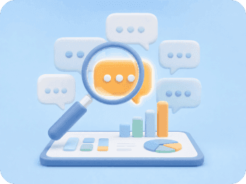 Une loupe sur des commentaires sociaux et des graphiques d'analyse.